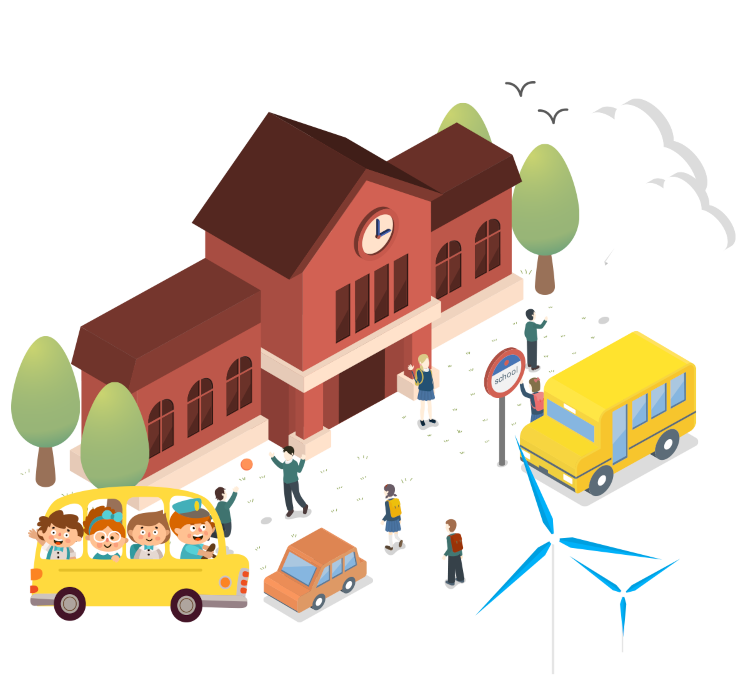 Photoshopped image of a school in Scotch Plains, NJ with buses, people, and a car outside. Carpet Cleaning in Scotch Plains NJ